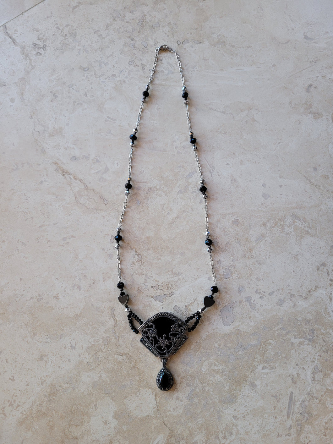 Silver with Black Onyx and Marcasite and Crystals Necklace