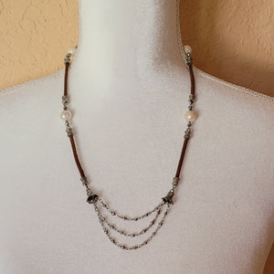 Leather with Pearls and Crystal Necklace