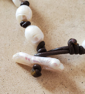 Hand Knotted Freshwater Pearls on Leather