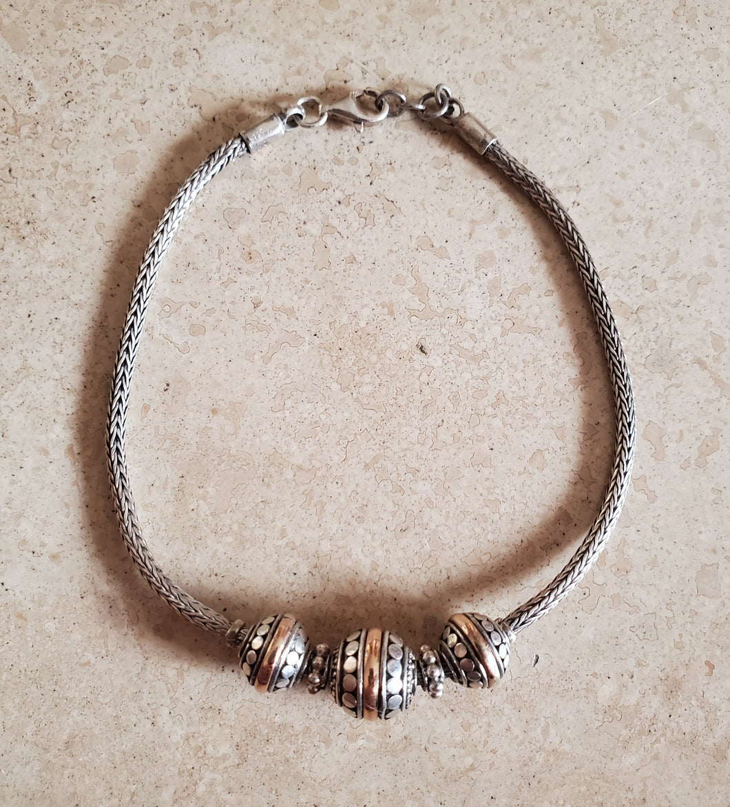 Sterling Silver 3 Bead Bracelet with 14k Gold