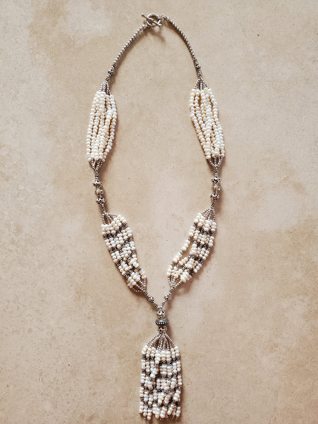 Pearl and Sterling Silver Bead Tassel Necklace