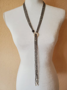 Adjustable Crystal and Pearl Long Lariat Necklace Black or Gray