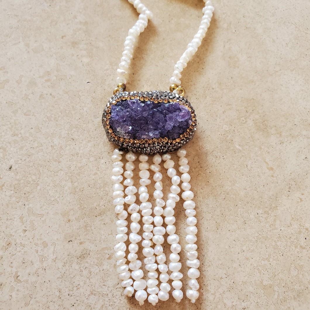 Amethyst Geode and Pearl Long Necklace