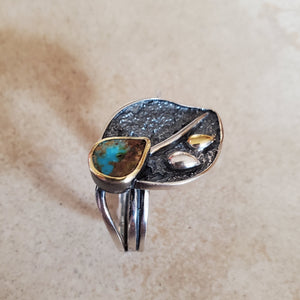 Oxidized Silver and Turquoise Leaf Ring
