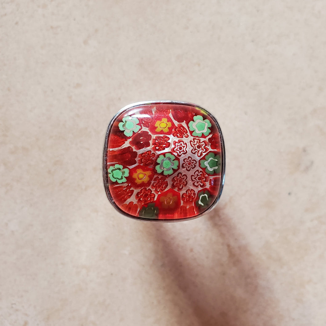 Red and Green Square Murano Glass Ring