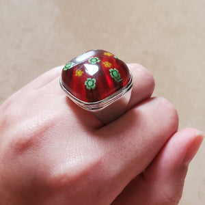 Red and Green Square Murano Glass Ring