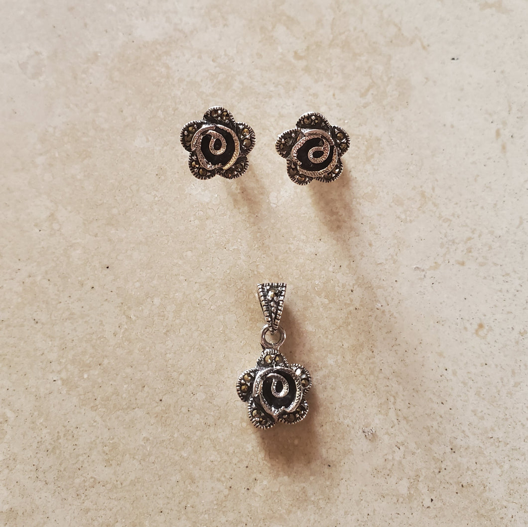 Marcasite Rose Pendant and Earring Set