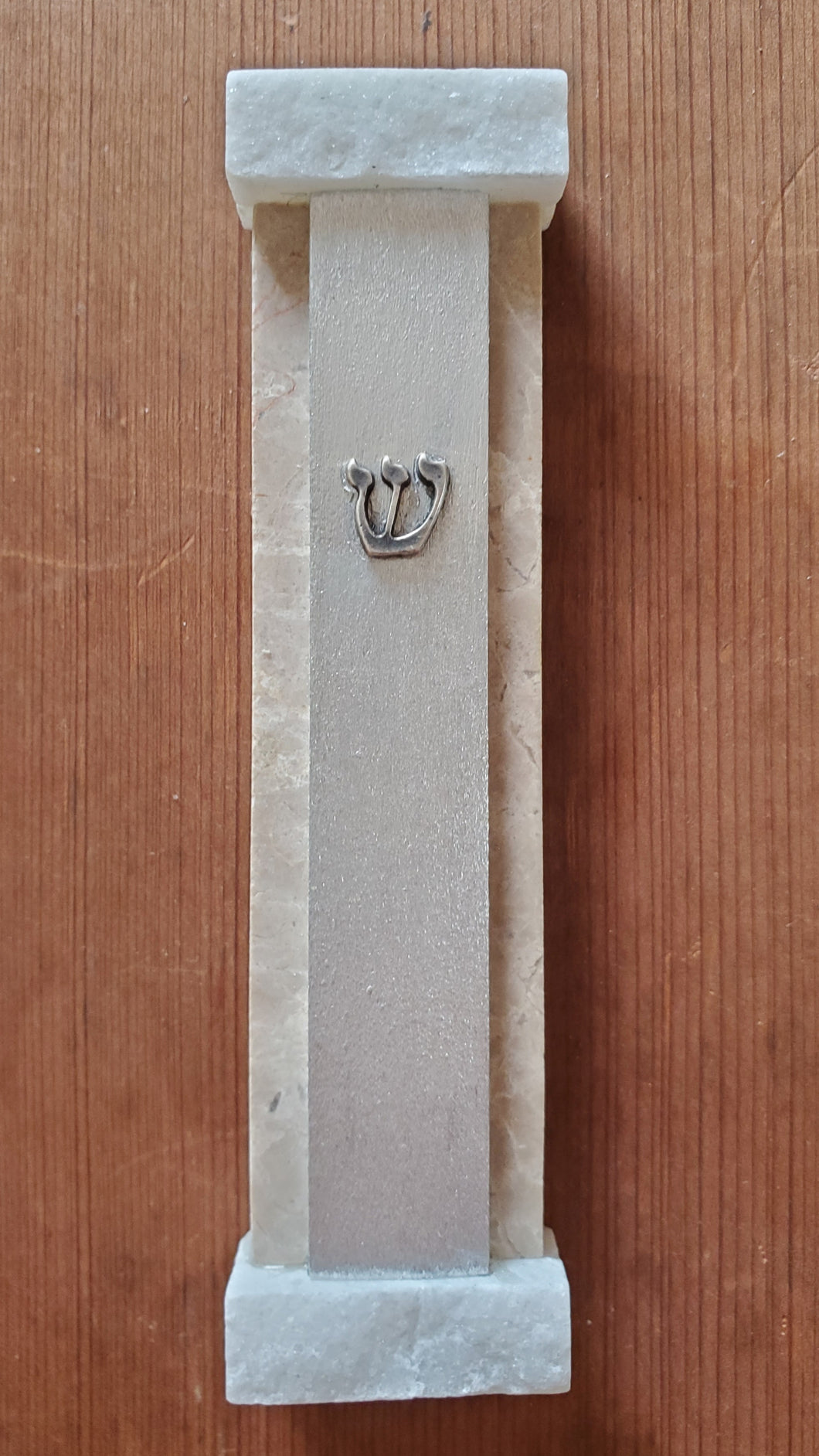 Brushed Aluminum, Jerusalem Stone, and Quartz Mezuzah