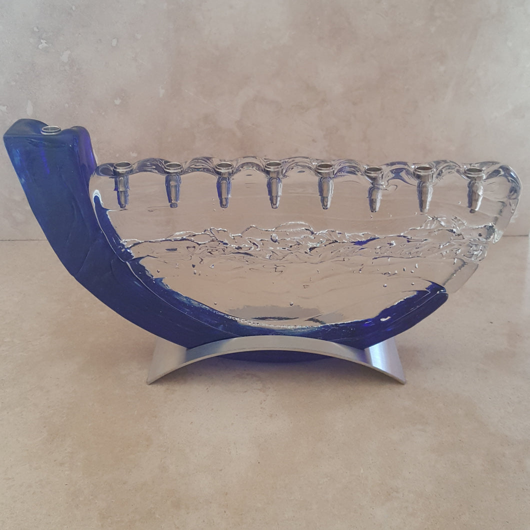 Handmade Clear and Blue Glass Menorah