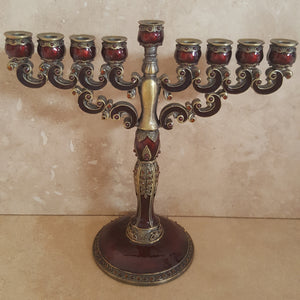 Burgundy Enamel and Metal Menorah