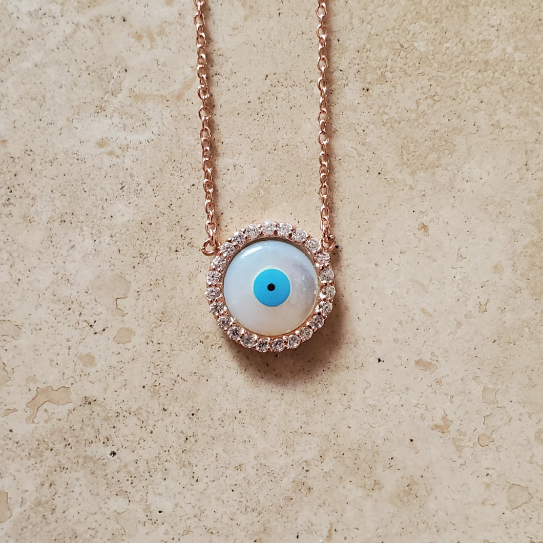 Mother of Pearl Evil Eye Necklace with CZs