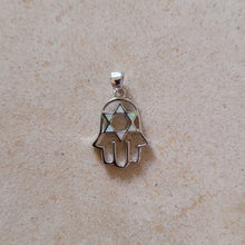 Load image into Gallery viewer, Silver Hamsa with Opal Star of David
