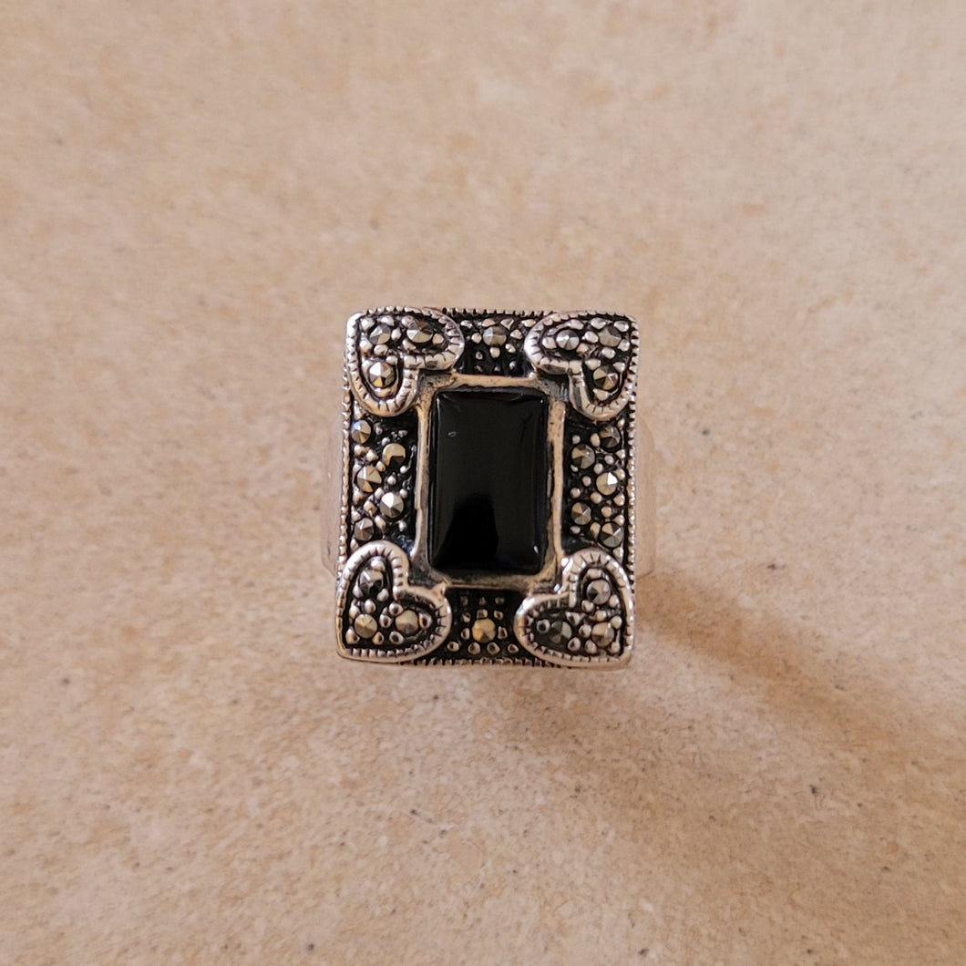 Silver Ring with Onyx and Marcasite