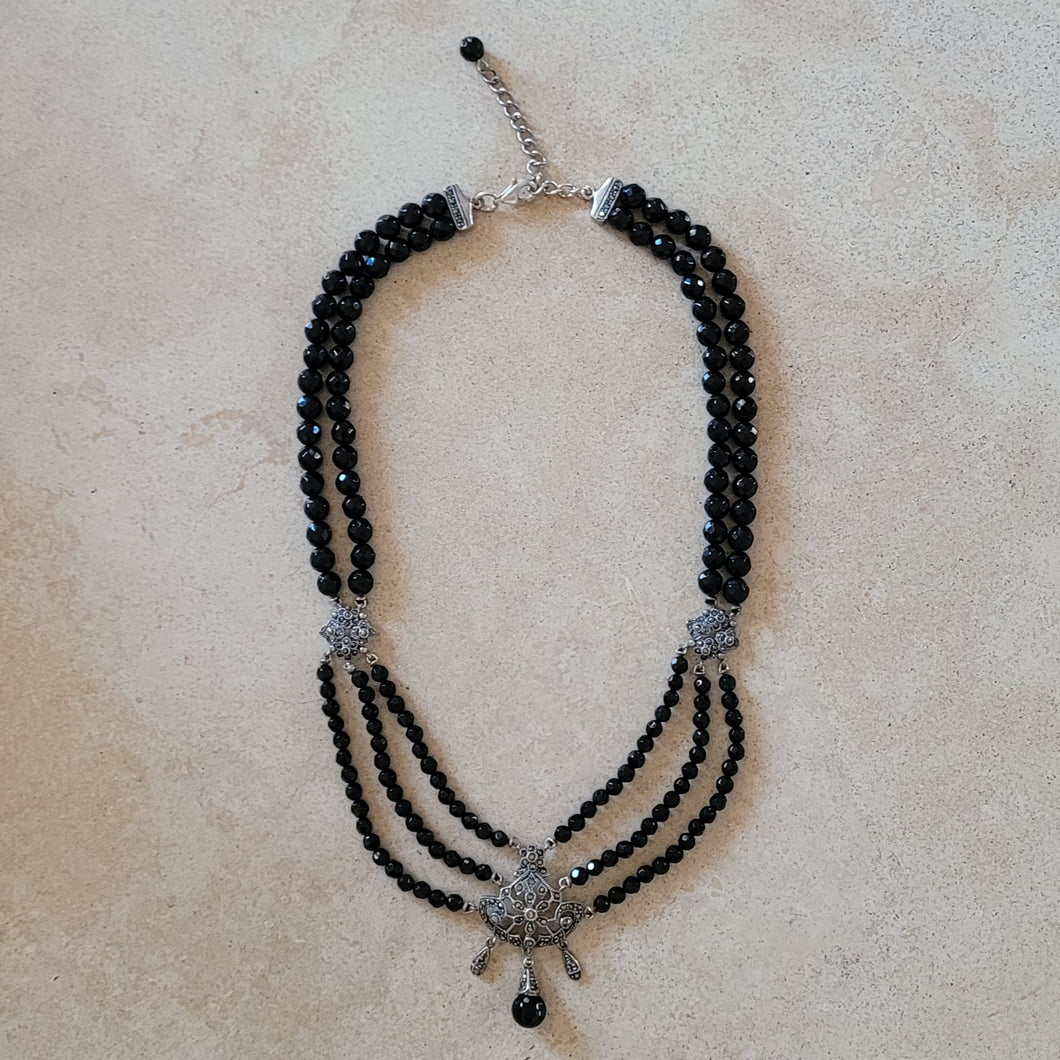 Onyx and Silver Necklace with Marcasite